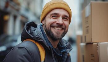 A smiling man with boxes in his hands photo