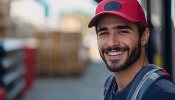 A smiling man in a red hat and a red cap photo