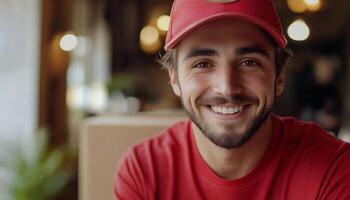 A smiling man in a red shirt and red cap photo