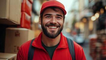 A smiling delivery man in a red hat photo