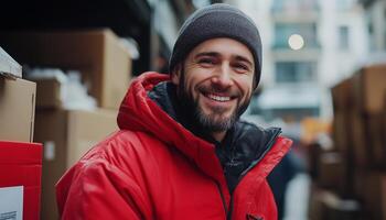 A smiling man in a red jacket standing in front of boxes photo