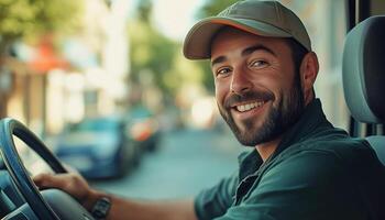 A smiling man in a truck driving photo