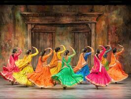 Colorful Bollywood dance sequence, elaborate set and costumes photo