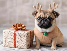 Cute pug dressed as a reindeer, with tiny antlers and a jingle bell collar, sitting beside a Christmas present wrapped in festive paper, 8k, realistic texture, copy space for text photo