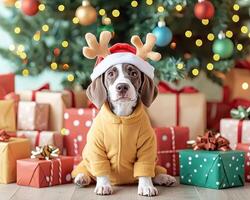 Dalmatian dressed as a reindeer, sitting under the Christmas tree with presents all around, holiday lights casting a warm glow, 8k, realistic texture, copy space for text photo