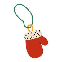 Festive red mitten ornament with green string and decorative white fur vector