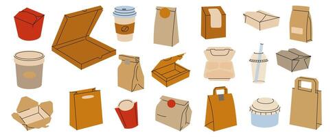 Variety of takeout food containers and beverages displayed on a white background vector