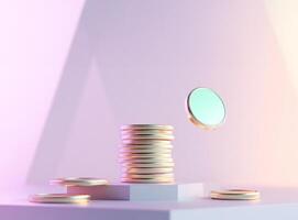 A stack of coins on a table with a coin in the middle photo