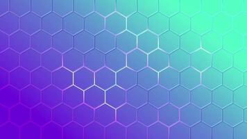Multicolored hexagons with neon glow. Turquoise purple geometric empty template. Fluorescent hexagon background. Honeycomb gradient background. Fresh gamer patter. Opening screensaver. video