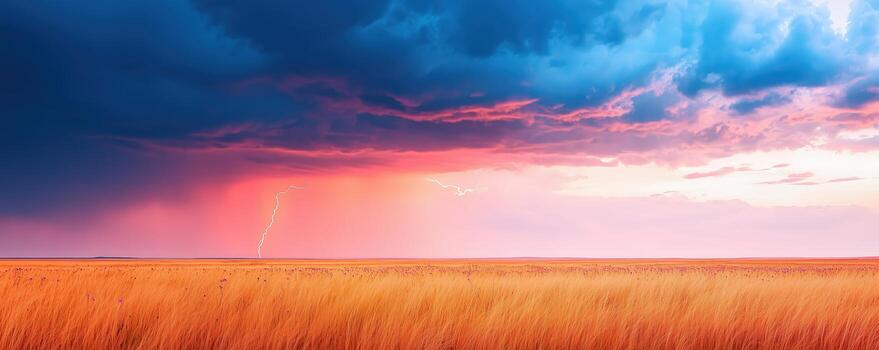 A breathtaking view of a vibrant landscape with golden grass under a dramatic sky featuring deep clouds and a colorful sunset, creating a serene, picturesque atmosphere. photo