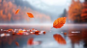 Scenic autumn landscape featuring floating orange leaves on a serene lake, surrounded by misty mountains, creating a tranquil and picturesque natural atmosphere. photo