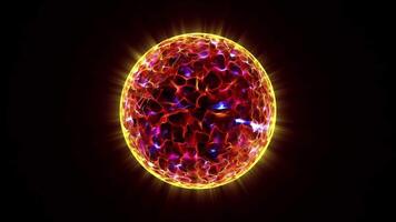 Hot planet. Burning sphere. Energy ball. Burning 3D fireball orb effect on black background. swirling flames and plasma within sphere. Magical or Mystical visual special effect. 3D render. 4K loop. video