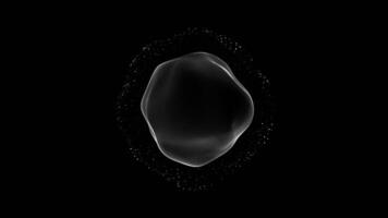 Abstract looped liquid sphere on isolated black background. Geometric bubble. Sphere morphing. Micro particles. Random round shape movements. Pulsating bacteria. Noisy flowing sphere particles. 3d orb video