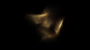Gold dust particles on black isolated background. Turbulent motion of gold particles. Grains of gold sand in the center. Defocused macro of yellow particles. Looping animated 4K, 60 fps. video