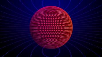 Digital basketball. Bright orange sphere on blue background. Red orb of dots rotates in a circle. Virtual party. Fluorescent neon disco ball purple gradient. Sci-fi, 4k, 60 fps. video