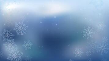 Flat snowflakes on blue gradient background. snow. New Year background empty in the center. Clean winter holiday template in blue. Looping animated 4K, 60 fps. video