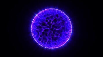 Purple energy sphere. Violet luminous orb. Abstract blue energy sphere from particles and waves of magical glowing on a dark background. 4k, 60 fps Seamless looping. video