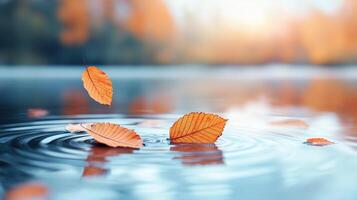 Beautiful autumn leaves floating on a serene water surface, creating gentle ripples. A tranquil moment captured in nature with warm seasonal tones and soft light. photo