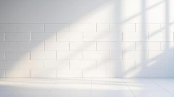 A minimalist interior space featuring a white tiled wall illuminated by soft natural light, creating a serene and inviting ambiance perfect for various applications. photo