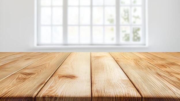 A wooden table surface in a bright, airy room with a window, perfect for showcasing products or creating an inviting atmosphere. photo