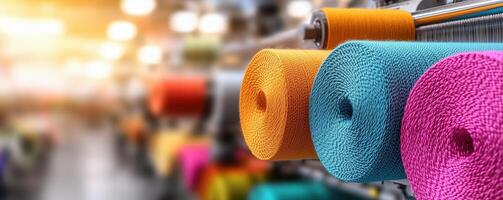 Colorful spools of thread displayed in a manufacturing workshop, showcasing vibrant hues and textures, symbolizing creativity and craftsmanship in textile production. photo