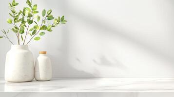 A serene display of two minimalist vases, one tall and one short, filled with leafy branches against a clean, white backdrop, creating a peaceful atmosphere in a modern decor. photo