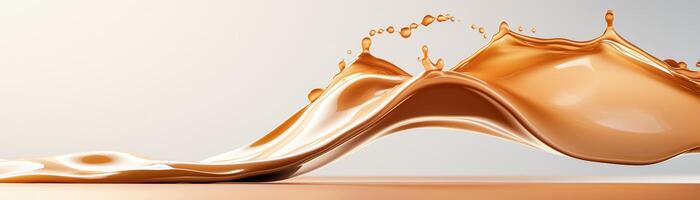Liquid splash art demonstrating smooth, flowing texture and rich caramel color against a soft gradient background, highlighting the visual appeal of delicious content. photo