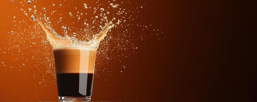 A dynamic splash of coffee in a glass against a rich, warm background, capturing the essence of energy and refreshment. Perfect for coffee lovers and beverage enthusiasts. photo