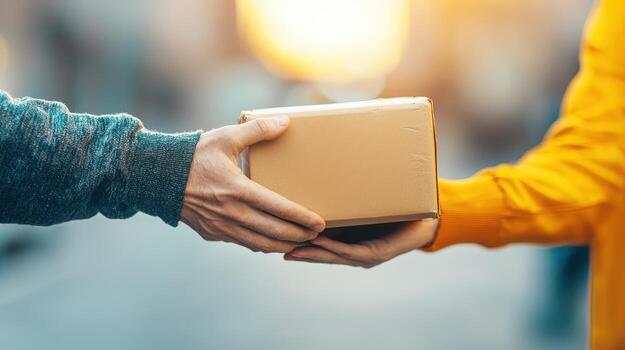 Hands exchanging a package in an outdoor setting, symbolizing delivery services or e-commerce transactions, with a blurred background highlighting the act of sharing. photo