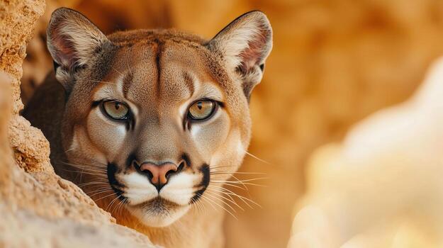 A close-up portrait of a majestic puma, showcasing its striking features and intense gaze. The background blends softly with natural earth tones, enhancing the wild atmosphere. photo