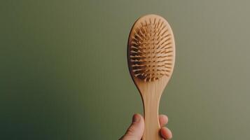 A hand holding a wooden hairbrush against a soft green background, highlighting the brush's natural texture and design, perfect for promoting hair care and eco-friendly products. photo