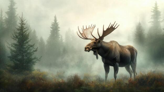 A majestic moose standing in a misty forest, surrounded by tall trees and greenery, capturing the essence of wildlife in its natural habitat. photo