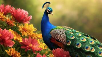 A vibrant peacock displaying its colorful feathers amidst blooming flowers, showcasing nature's beauty in a serene environment. photo