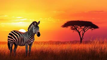 A zebra standing in an open grassland during a stunning sunset, with a silhouette of a tree in the background, creating a serene and picturesque African landscape. photo