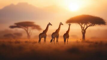 Three giraffes silhouetted against a golden sunset, standing among acacia trees in the African savannah, creating a serene and picturesque wildlife scene. photo