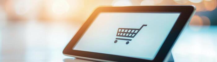 Close-up view of a digital tablet displaying a shopping cart icon, representing online shopping and e-commerce concepts with a blurred background. photo