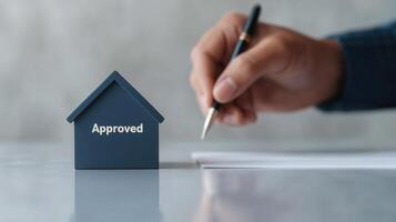 A hand signing a document with a small house model labeled 'Approved' nearby, showcasing the concept of property approval and real estate transactions against a soft background. photo