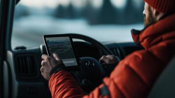 A man in a red jacket is sitting in a vehicle, using a tablet to navigate while driving in a snowy landscape. He is focused and immersed in the digital interface. photo