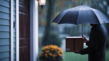 A person holding a delivery package under a black umbrella while standing at the door during a rainy day, creating a cozy and relatable atmosphere of home delivery. photo