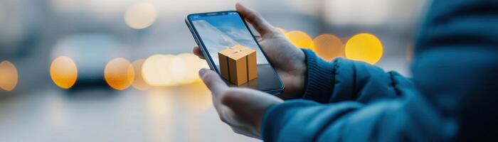 A person holding a smartphone displaying a 3D rendering of a package. The background features blurred city lights, highlighting modern technology in daily life. photo