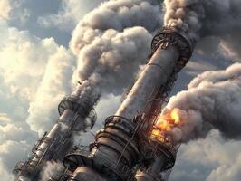 Industrial smokestacks emitting thick clouds of smoke against a dramatic sky, showcasing the impact of manufacturing on the environment. photo