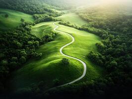 Aerial view of lush green hills with a winding road cutting through, showcasing the beauty of nature under soft sunlight. photo