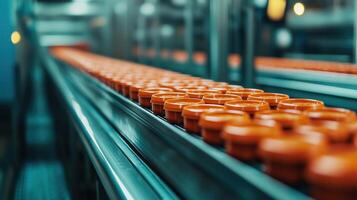 Close-up of an automated production line with orange caps moving along the conveyor belt, showcasing modern manufacturing efficiency in a factory setting. photo