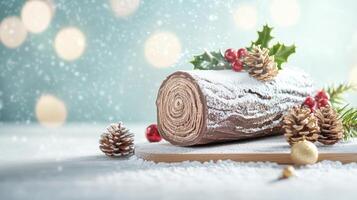 A festive yule log cake adorned with holly and pine, resting on a snowy background with glistening bokeh lights. photo