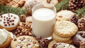 Delicious assortment of cookies surrounded by pine cones and a glass of milk, ideal for festive gatherings. photo