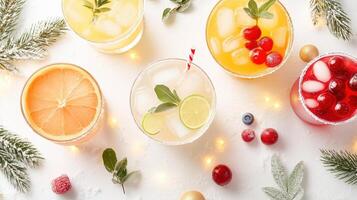 Colorful drinks with fruits and herbs on a white background, perfect for refreshing summer vibes. photo