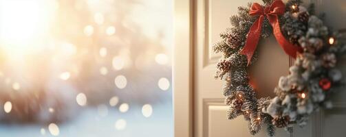 Festive Christmas wreath with red ribbon, adorned with pine cones, welcoming holiday spirit at the door. photo