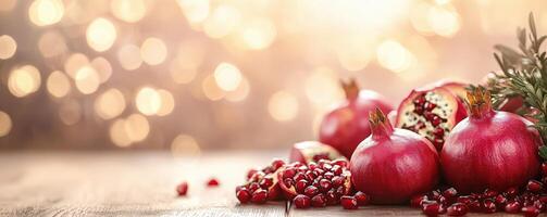 Fresh pomegranates on wooden table with soft bokeh background, vibrant colors and natural textures. photo