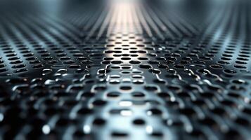 Close-up of a metallic surface with perforated holes, reflecting light, showcasing texture and depth. photo