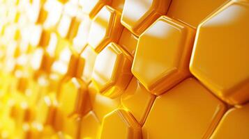 Close-up of vibrant yellow honeycomb pattern, showing the intricate hexagonal shapes and textures of honey cells. photo